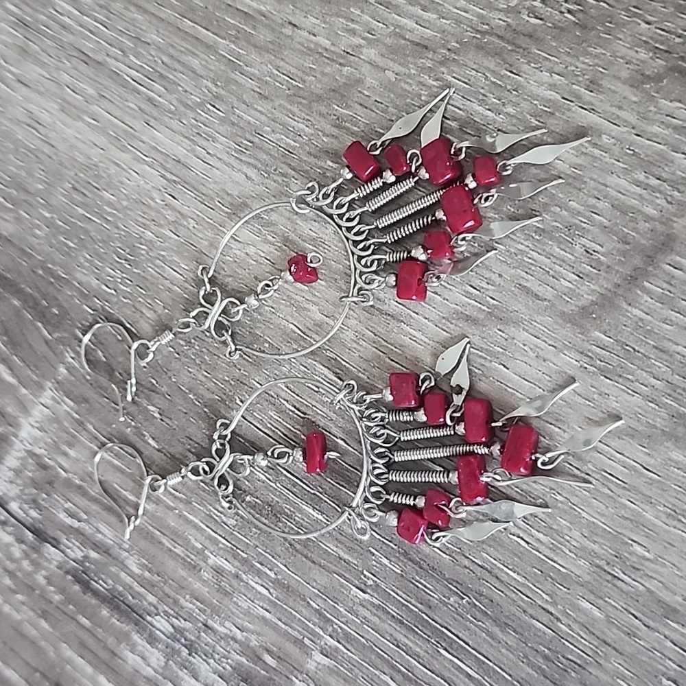 Twisted Silver and Red Stone Dangle Earrings